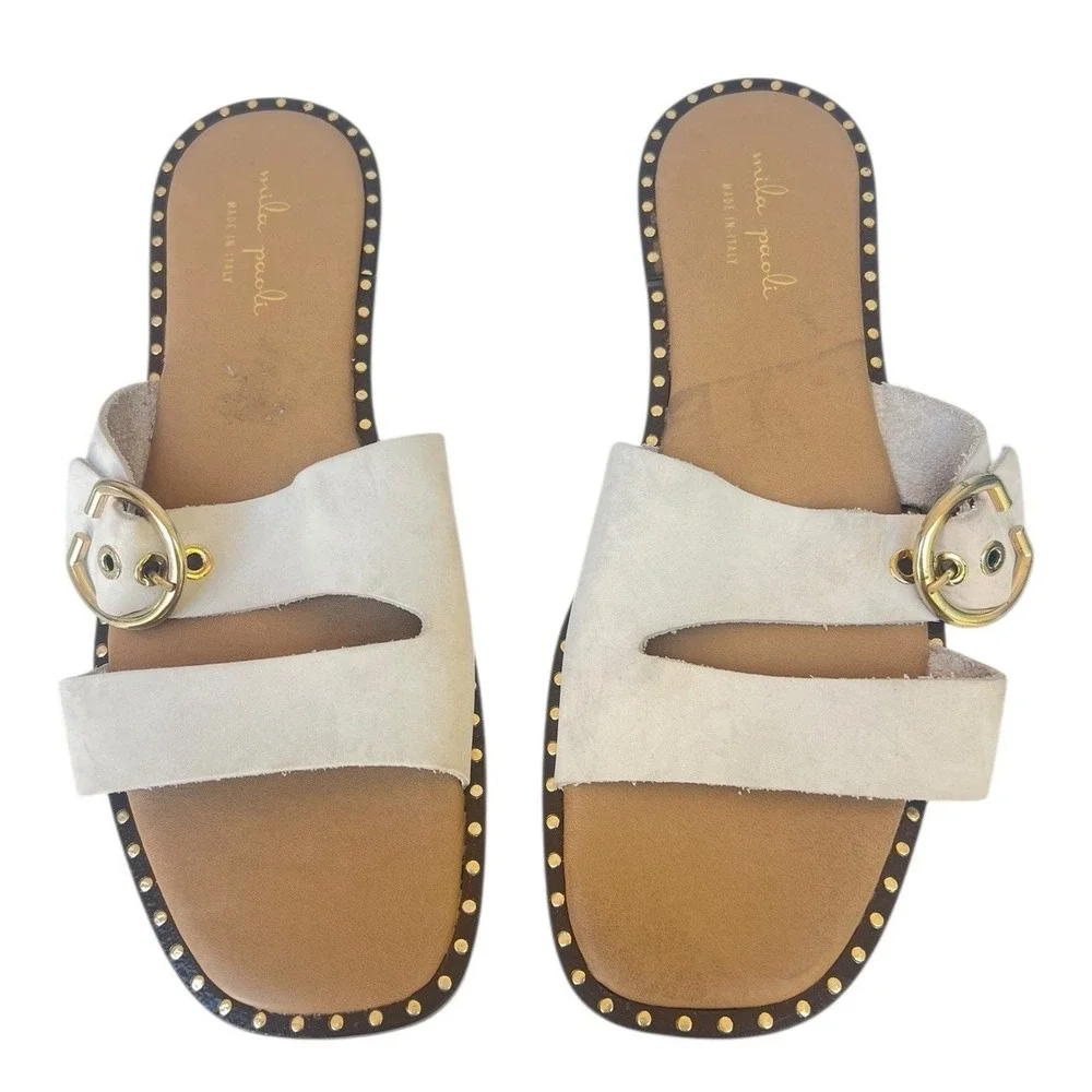 Mila Paoli Ivory Suede Leather Slides Sandals Made‎ in Italy Womens 9